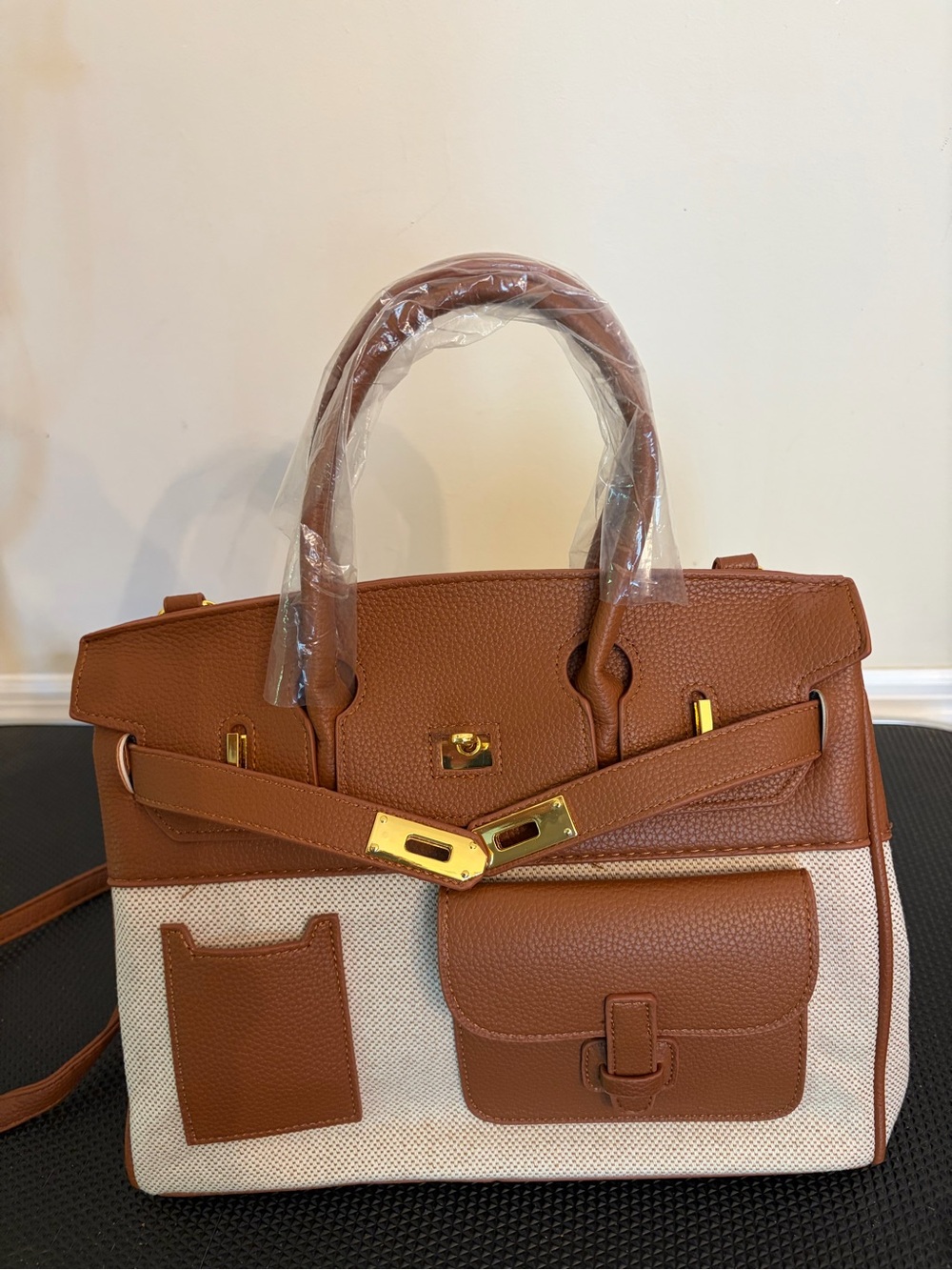 Structured vegan leather and canvas cargo top Handle Satchel - Picture 2 of 11